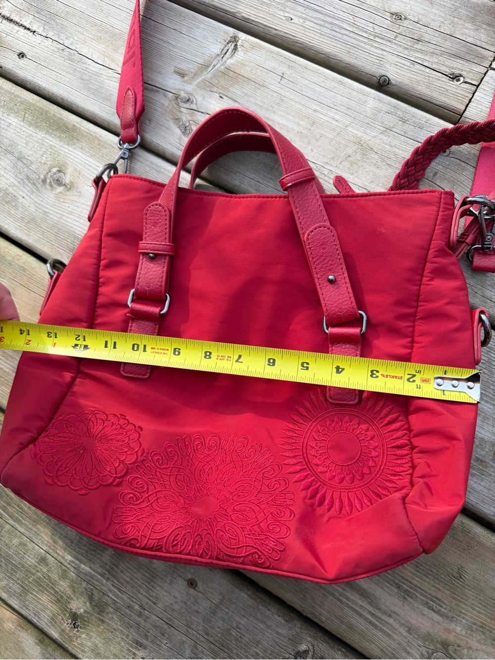 Desigual Red Embroidered Nylon Tote Bag Crossbody Purse Convertible - Picture 6 of 16